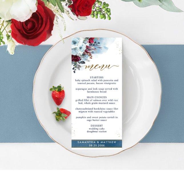 Menu Élégantes fleurs célestes, Aquarelle bleue, Floral (Créateur téléchargé)