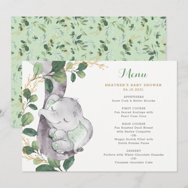 Menu Eléphant vert chic Baby shower neutre genre (Devant / Derrière)