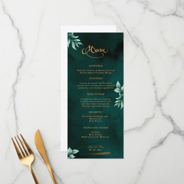 Menu Emerald Eucalyptus Green Elegant Script Mariage (Devant/Arrière en situation)