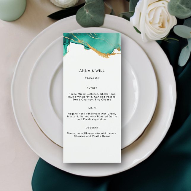 Menu Emerald Gold Turquoise Summer Beach Chic Mariage (emerald green gold teal beach wedding menu summer waves modern elegant romantic bohemian)