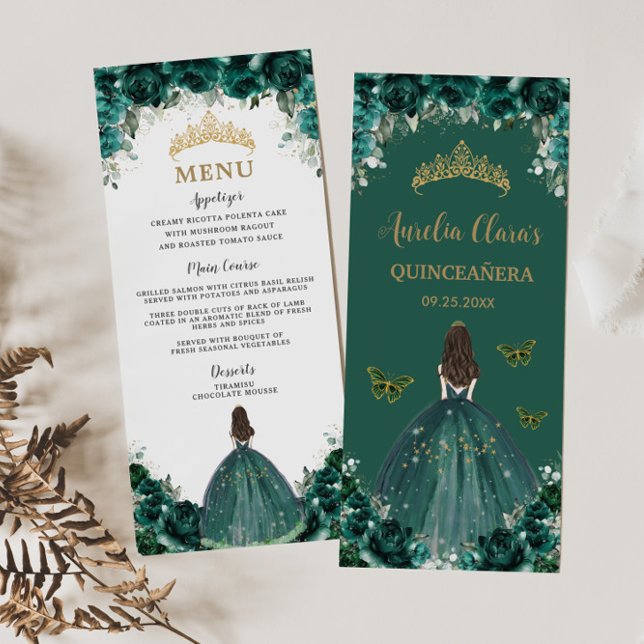 Menu Emerald Green Floral Princess Quinceañera (Créateur téléchargé)