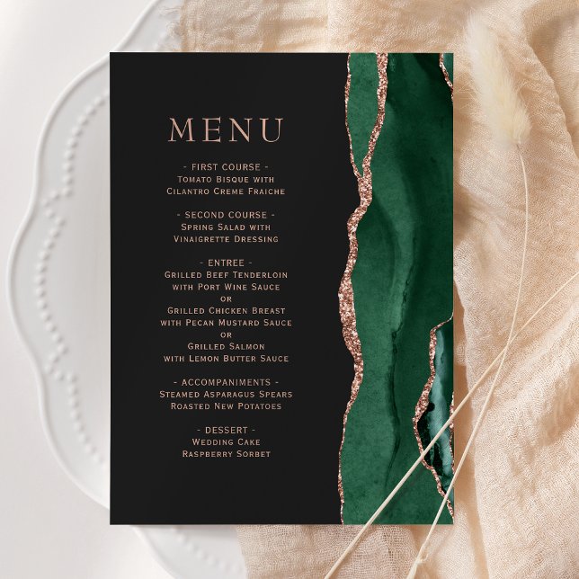 Menu Emerald Green Rose Gold Agate Dark Mariage (Créateur téléchargé)