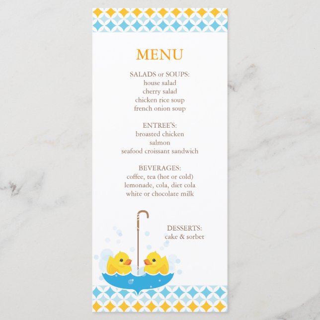 Menu en caoutchouc jumeau de baby shower de (Devant)