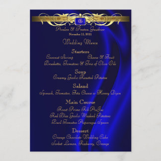 Menu en soie bleu de mariage de rouleau d'or de