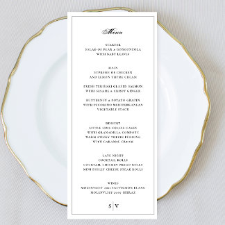 Menu encadré | Élégant Mariage blanc Monogramme