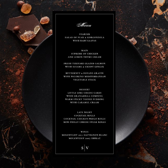 Menu encadré | Élégant Mariage noir Monogram (Créateur téléchargé)