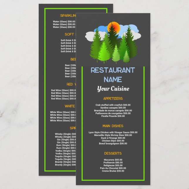 Menu Épinette du lever du soleil, restaurant mince (Devant / Derrière)