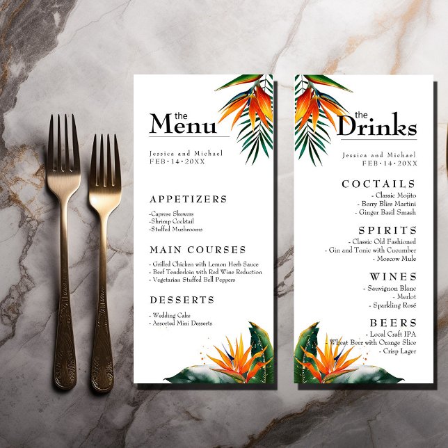 Menu et boissons Oiseaux de Paradise Bliss (Birds of Paradise Bliss Wedding Menu and Drink card. Explore the whole collection. )