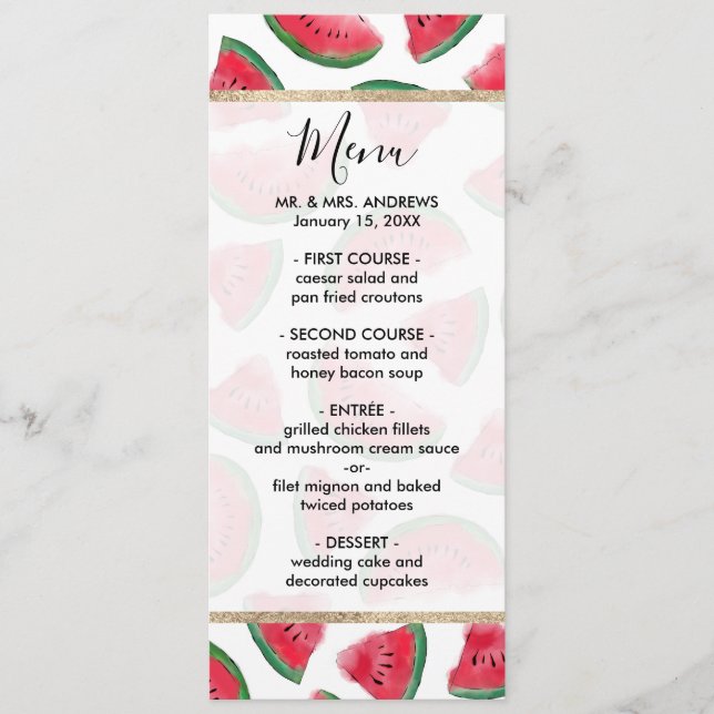 Menu Eté Rouge Vert pastèque Motif d'aquarelle (Devant)