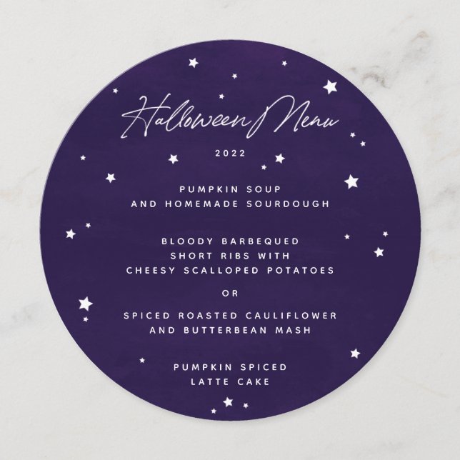 Menu Étoiles violettes éparpillées Carré/Halloween rond (Devant)
