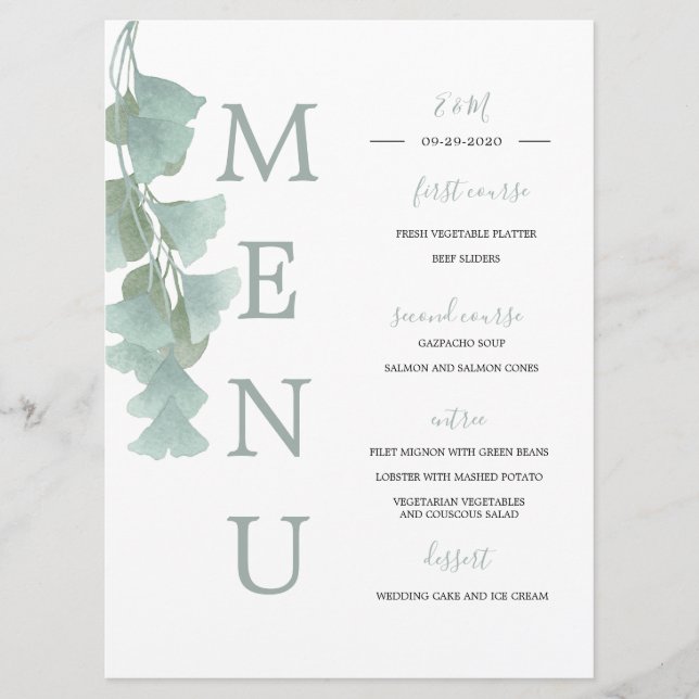 Menu Eucalyptus Feuille Vert Été Mariage élégant (Devant)
