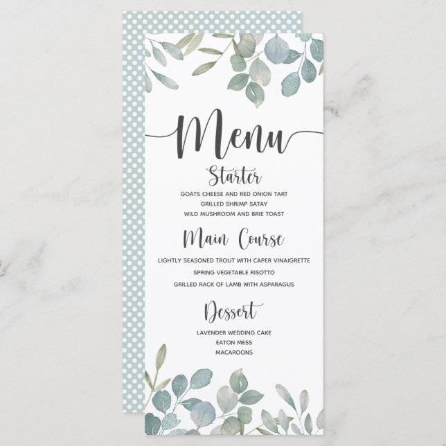 Menu Eucalyptus rustique aquarelle vert & blanc Mariage (Devant / Derrière)