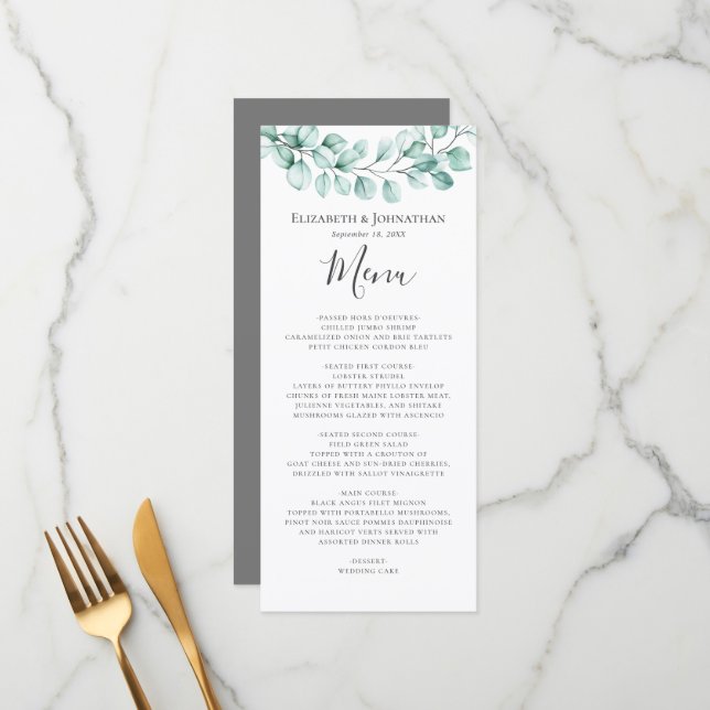 Menu Eucalyptus Verdure Aquarelle Mariage de couronne (Devant/Arrière en situation)