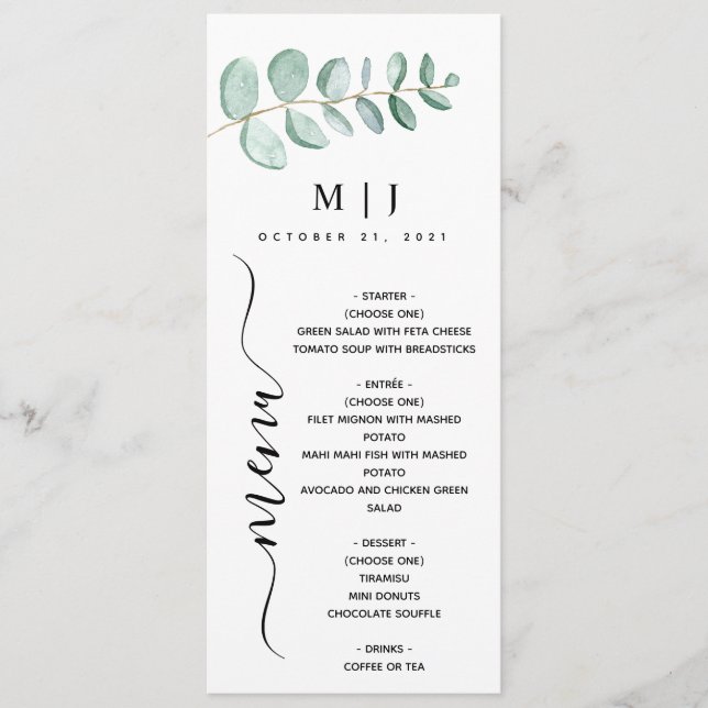 Menu Eucalyptus Verdure minimaliste Mariage (Devant)