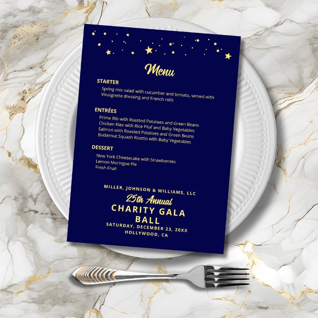 Menu Événement de la société de gala de charité Bleu Or (Charity Gala Ball Company Event Menu in Navy Blue and Gold, Gold Stars, Menu Choices, Event Details.)