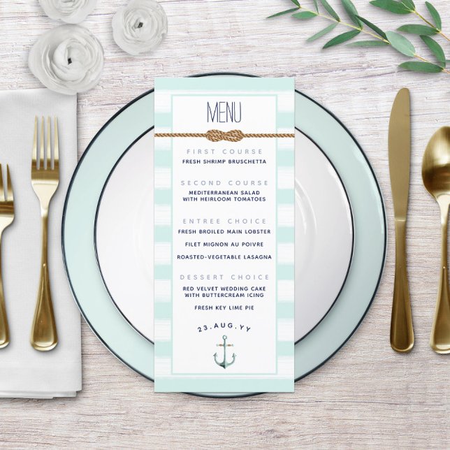 Menu Événement Mariage Nœud Marin Rayé Mint & Blanc ⚓ (Event Mint & White Striped ⚓Nautical Knot Wedding Menu
)