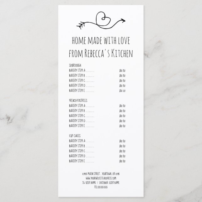 Menu Fabriqué Maison Avec Boulangerie Amour Tarifs & Me (Devant)