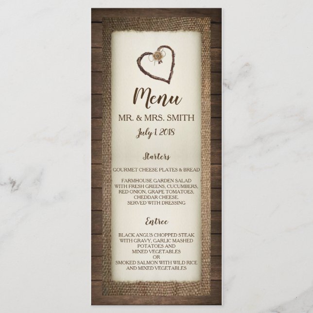 Menu Faire-part de mariage Coeur Bois, Burlap & Tw (Devant)