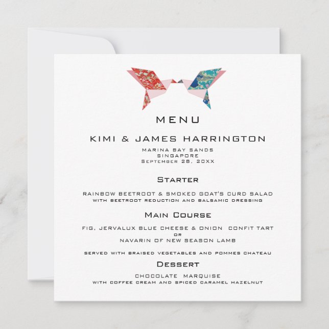 Menu Faire-part de mariage des colombes Origami (Devant)