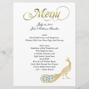 Menu fait sur commande de mariage de paon d'or