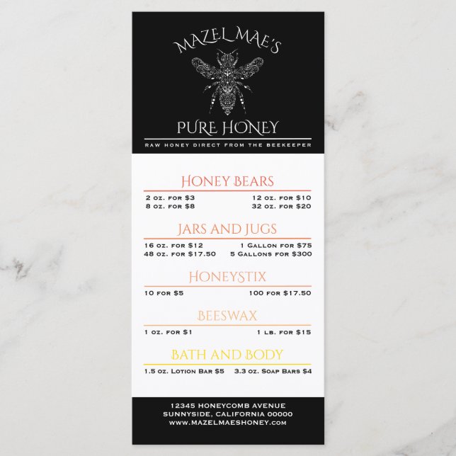 Menu fait sur commande de miel de rucher (Devant)