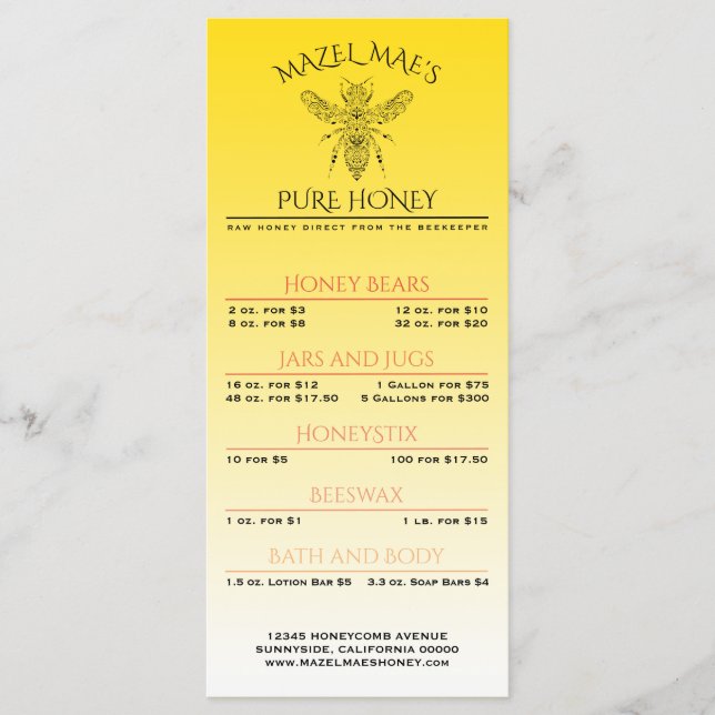 Menu fait sur commande de miel de rucher (Devant)