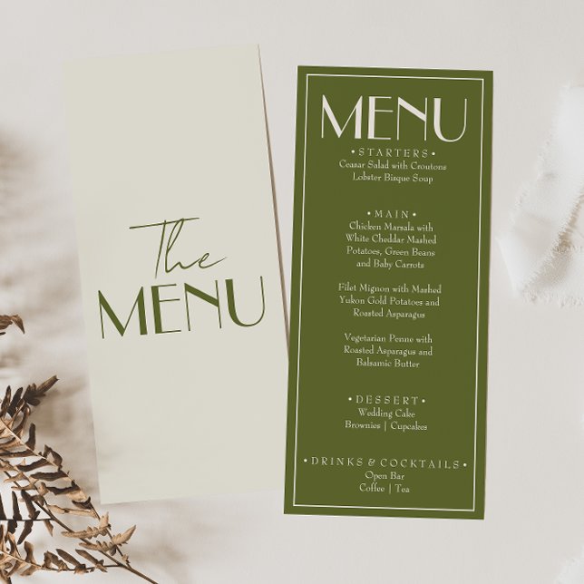 Menu Fancy Olive  Green Old Money Retro Luxury Wedding (Créateur téléchargé)