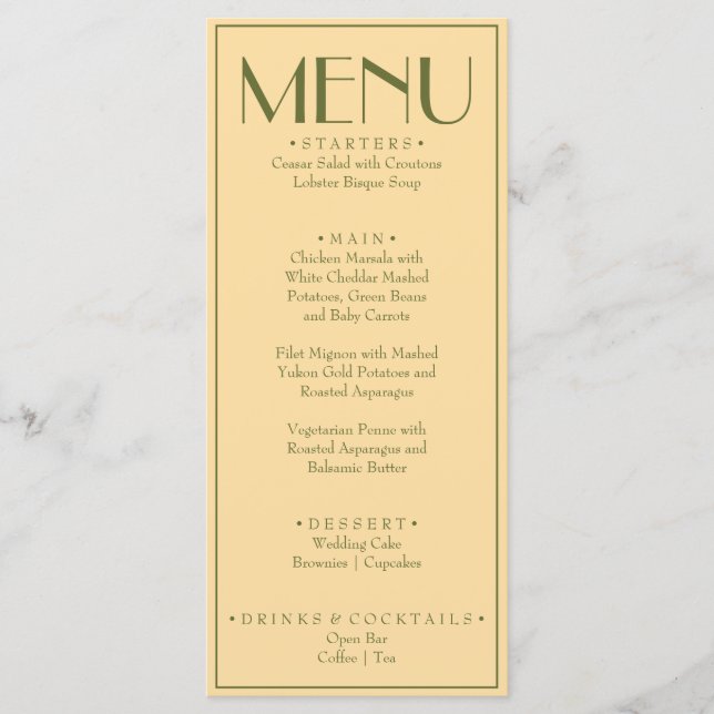 Menu Fancy Yellow Olive Green Classy Retro Wedding (Devant)