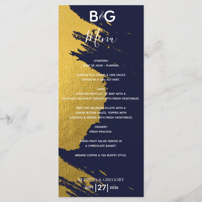 Menu Faux Gold Brushstrokies Marine Blue Monogram Maria (Devant)