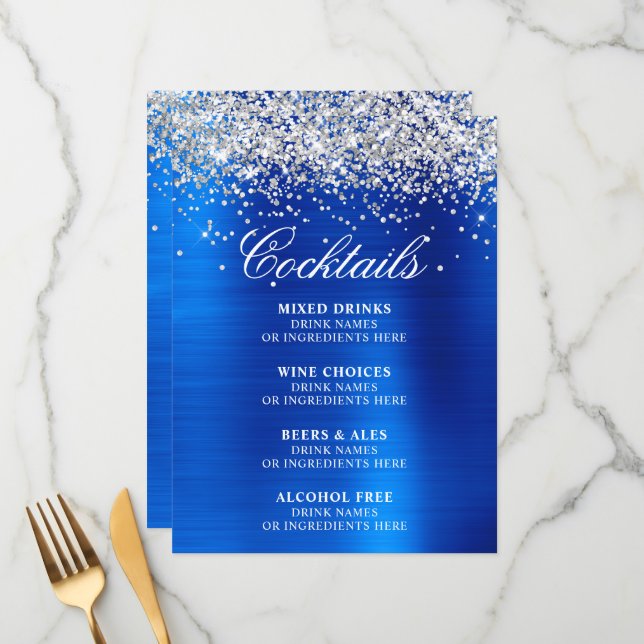 Menu Faux Silver Glitter Royal Blue Foil Cocktails Bar (Devant/Arrière en situation)