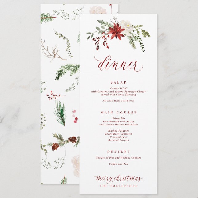 Menu Festive Elegant Watercolor Christmas Dinner (Devant / Derrière)
