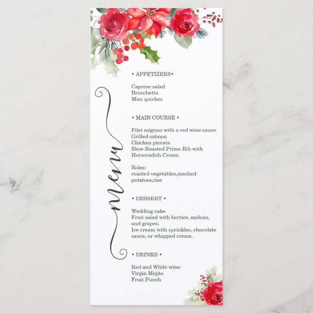 Menu Festive Watercolor Rose Poinsettia Holiday Wedding (Devant)