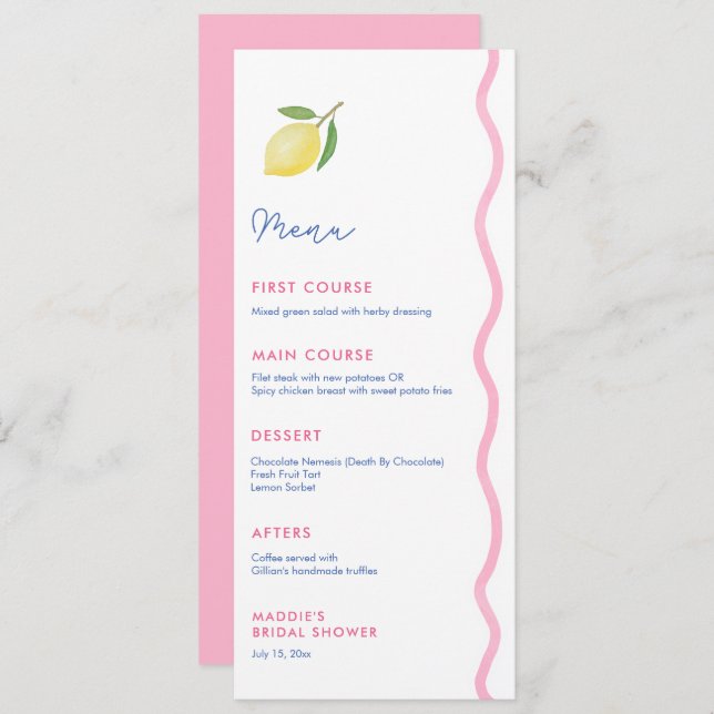 Menu Fête de Baby shower Lemon Line rose vibrant (Devant / Derrière)