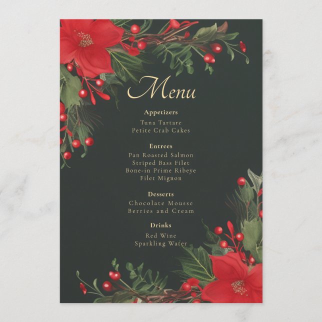 Menu Fête de Noël Rouge Vert Botanique (Devant)