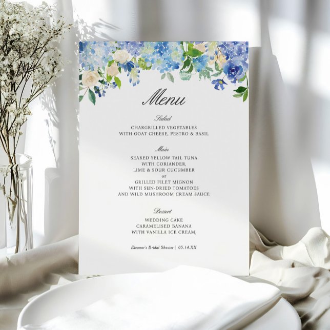 Menu Fête des mariées Blue Floral Hydrangea (Créateur téléchargé)