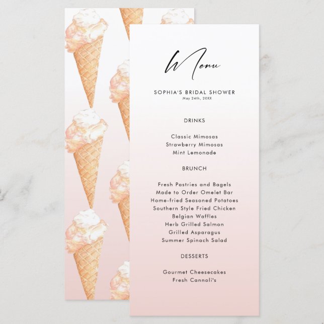 Menu Fête des mariées de crème glacée aquarelle (Devant / Derrière)