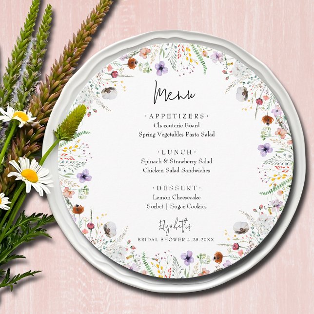 Menu Fête des mariées fleur sauvage (Wildflowers bridal shower round menu cards)