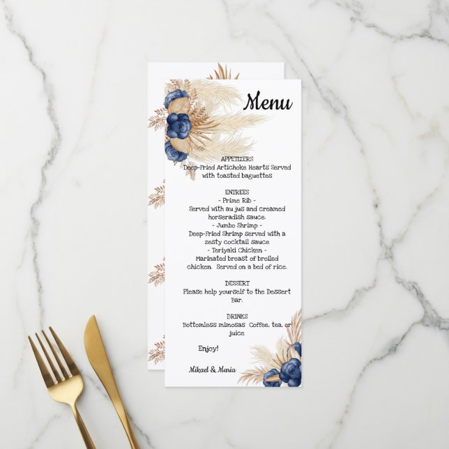 Menu  Fête des mariées florale Dusty Blue et Pampas Men (Devant/Arrière en situation)