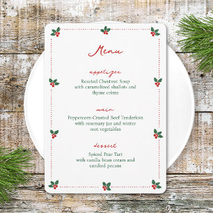 Menu Fête élégante de Noël au houx minimaliste