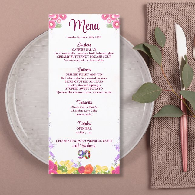 Menu Fête Florale 90e Anniversaire - Élégante 90 Ans (Créateur téléchargé)