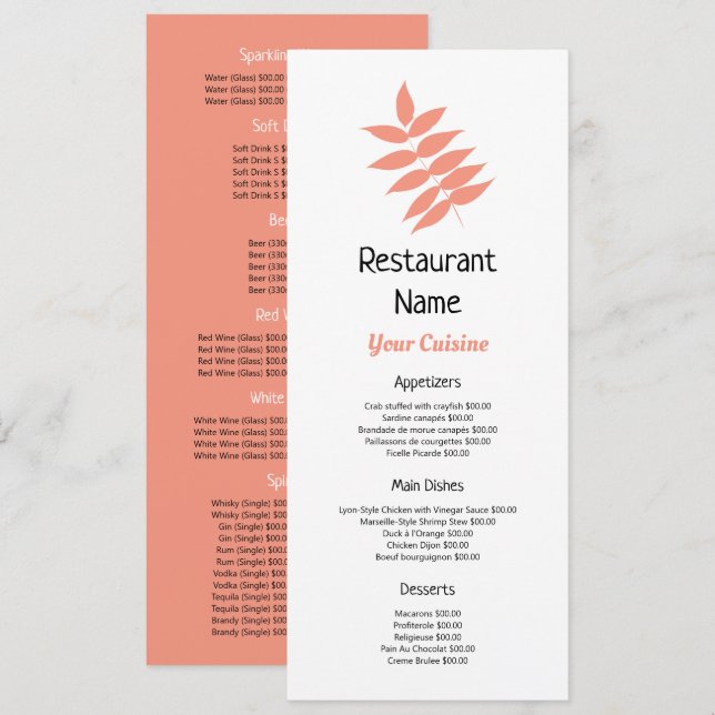 Menu Feuille d'automne saumon, Slimline du restaurant (Devant / Derrière)