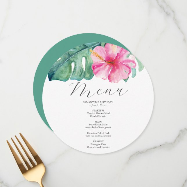 Menu Feuilles de palmier à l'aquarelle Hibiscus rose Tr (Devant/Arrière en situation)