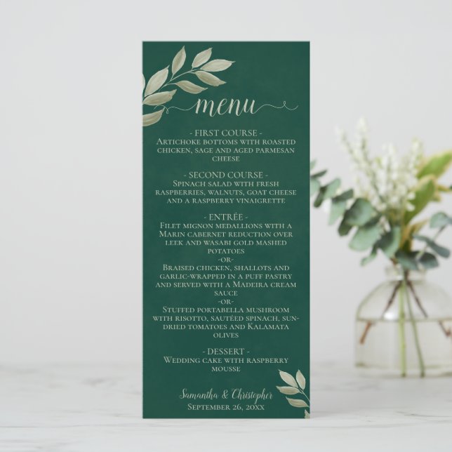 Menu Feuilles désireux Emerald & Sage Green Mariage (Debout devant)