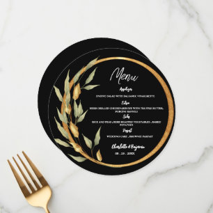 Menu Feuilles Noir Et Or Cadre Mariage Rond