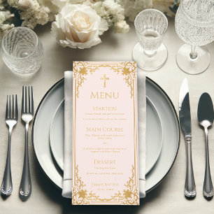 Menu Fille Baptême Fard Rose Pâle Élégant Vintage Faux 