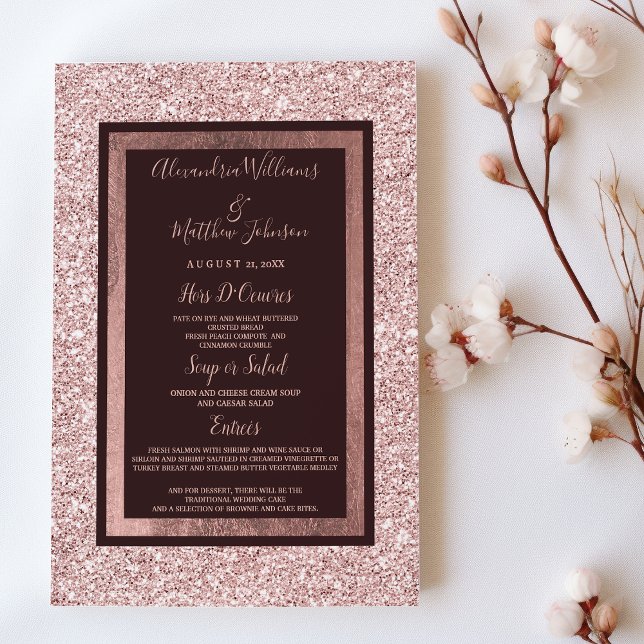 Menu Fille rose or bordeaux parties scintillant Mariage (Girly rose gold burgundy glitter Wedding Menu)