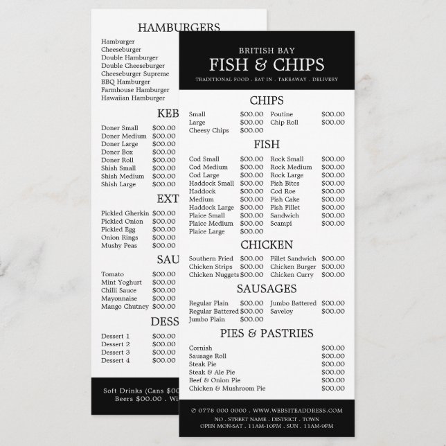 Menu Fish & Chip Shop Restaurant Slimline (Devant / Derrière)