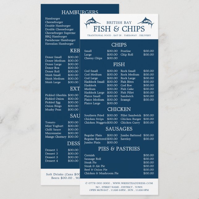 Menu Fish & Chip Shop Restaurant Slimline (Devant / Derrière)
