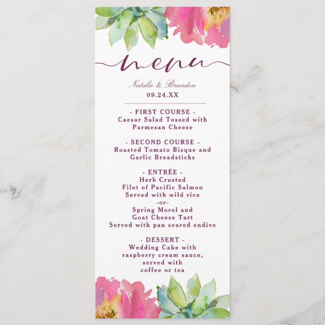 Menu Fleur Chic Mint & Blush Pink Floral Dîner (Devant)