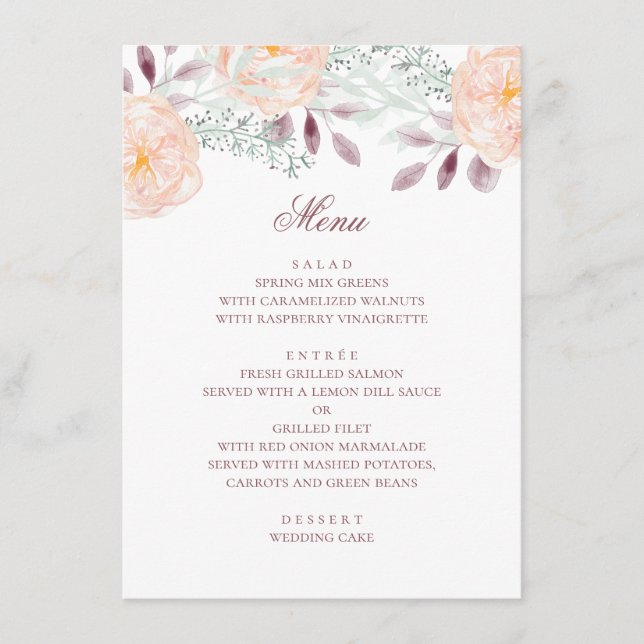 Menu Fleur de pêche aquarelle. Mariage botanique. Flora (Devant)